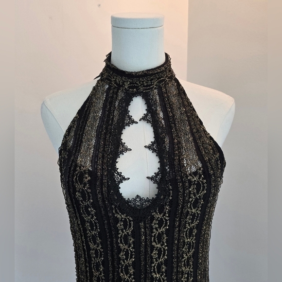 NWT Free People Black & Gold Stretch Lace Mini Dress Button Back Mock Neck Sz. S - Picture 3 of 12